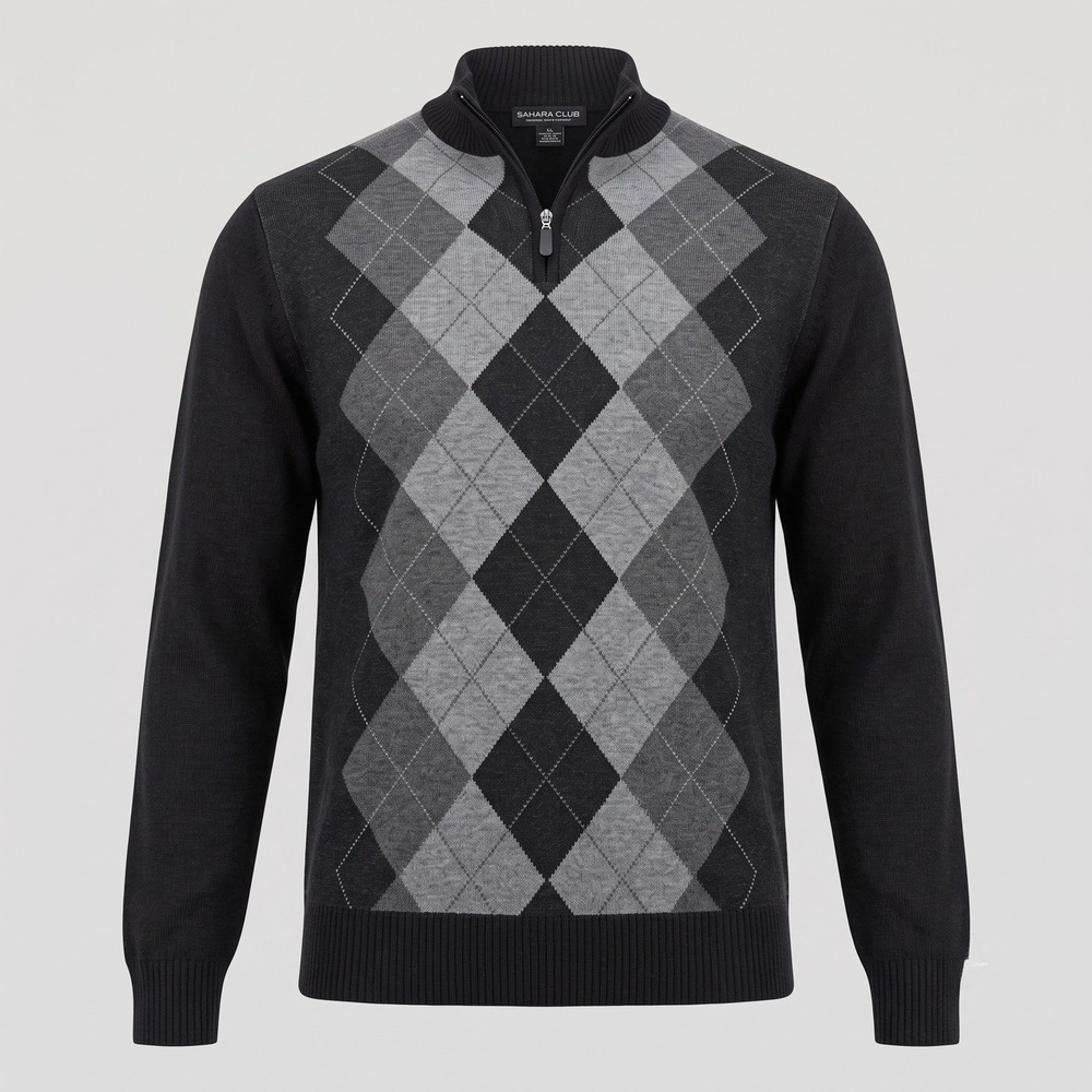 Sahara Club Mens Large Black Argyle Sweater Quarter Zip Pullover Long Sleeve